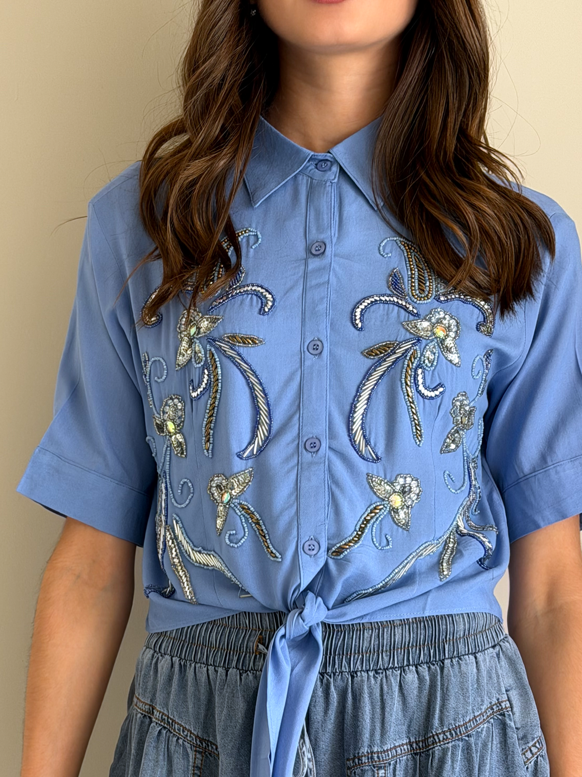 CAMISA STELLA BORDADA AZUL