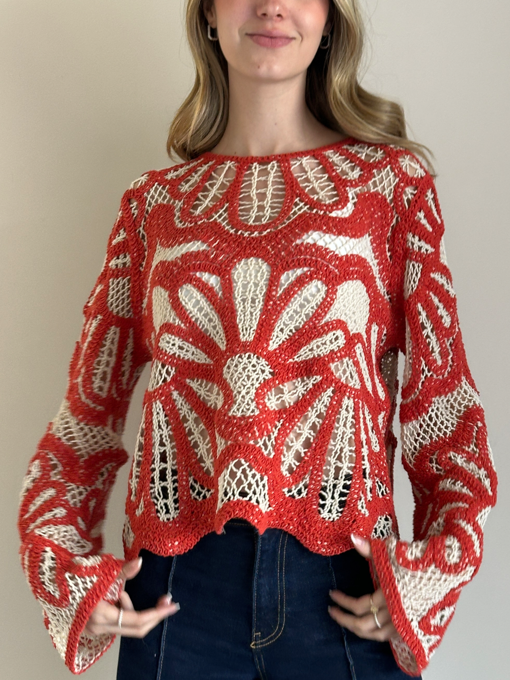 BLUSA CROCHET FLORES RUST