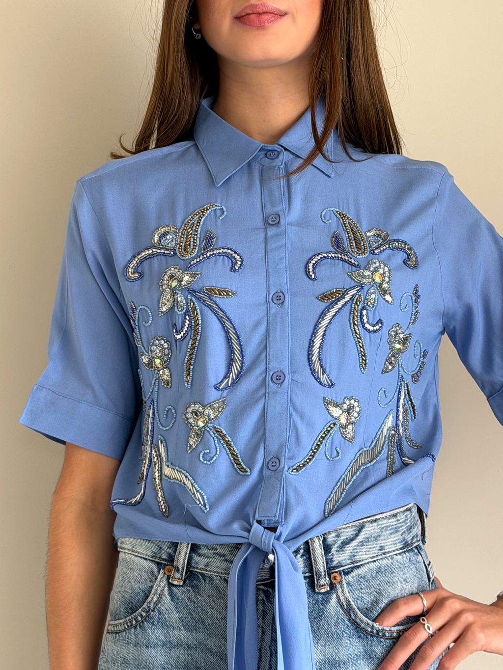 CAMISA STELLA BORDADA AZUL