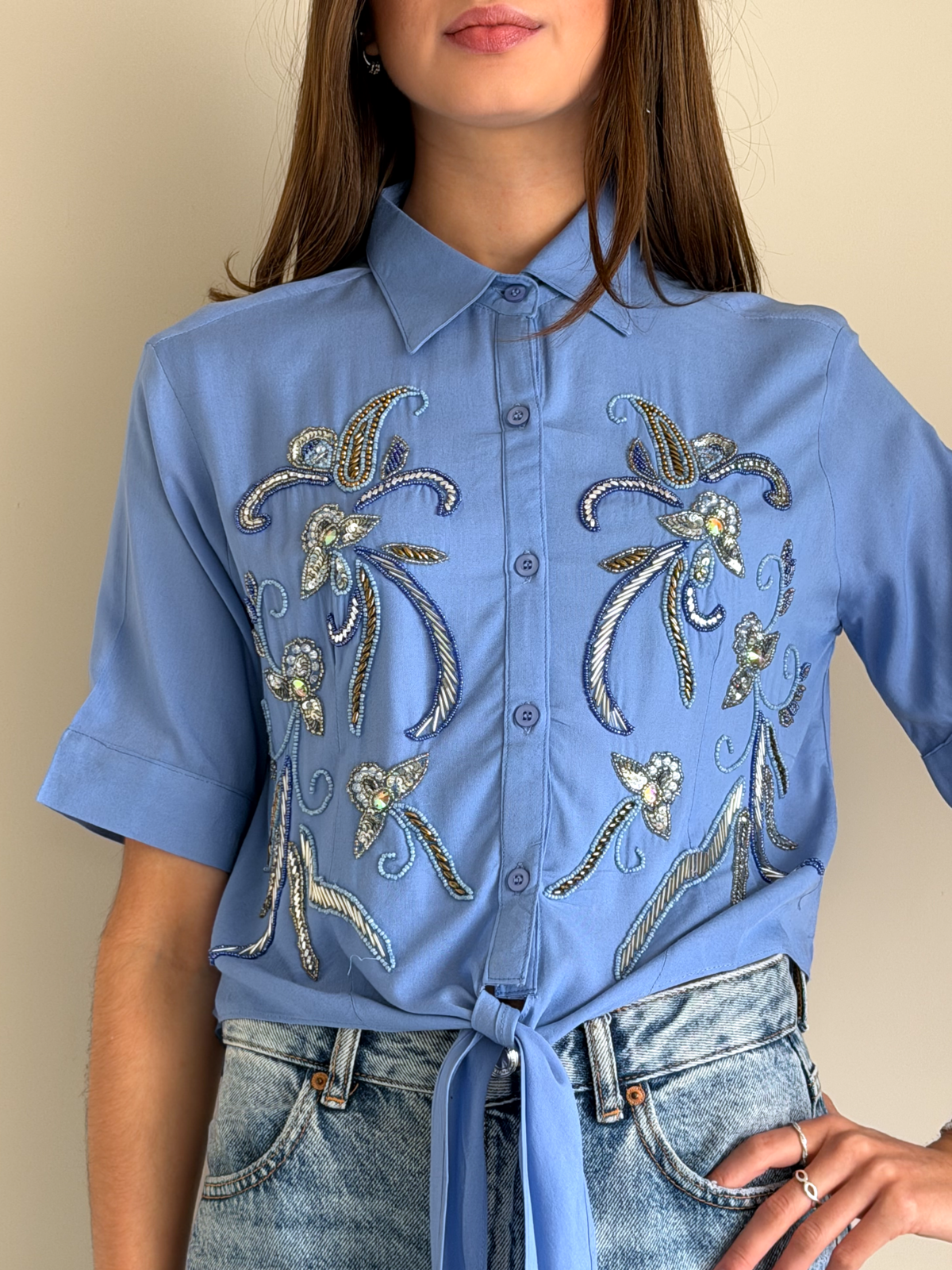 CAMISA STELLA BORDADA AZUL