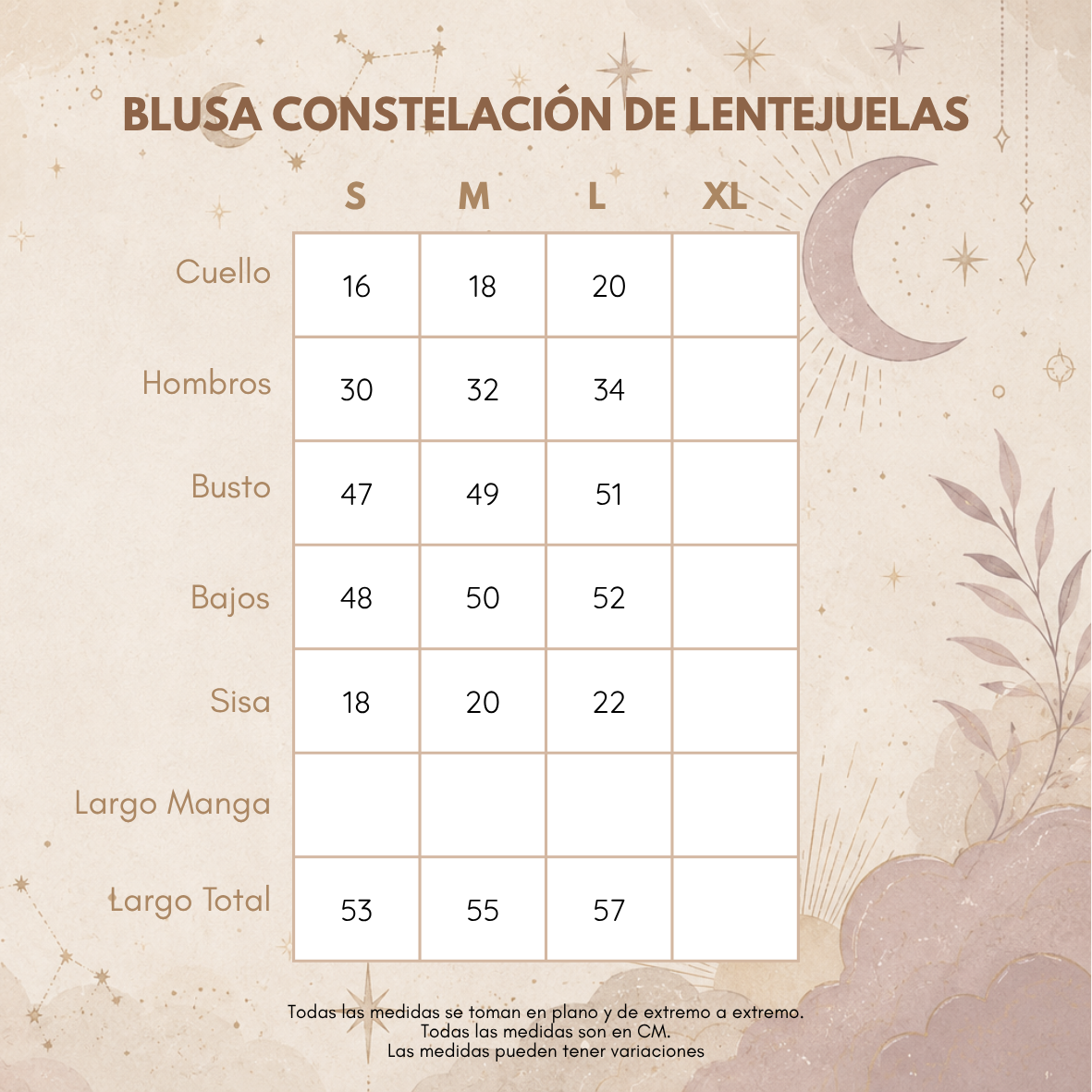 Medidas BLUSA CONSTELACIÓN DE LENTEJUELAS