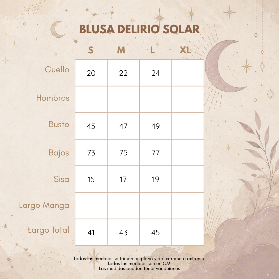 Medidas BLUSA DELIRIO SOLAR