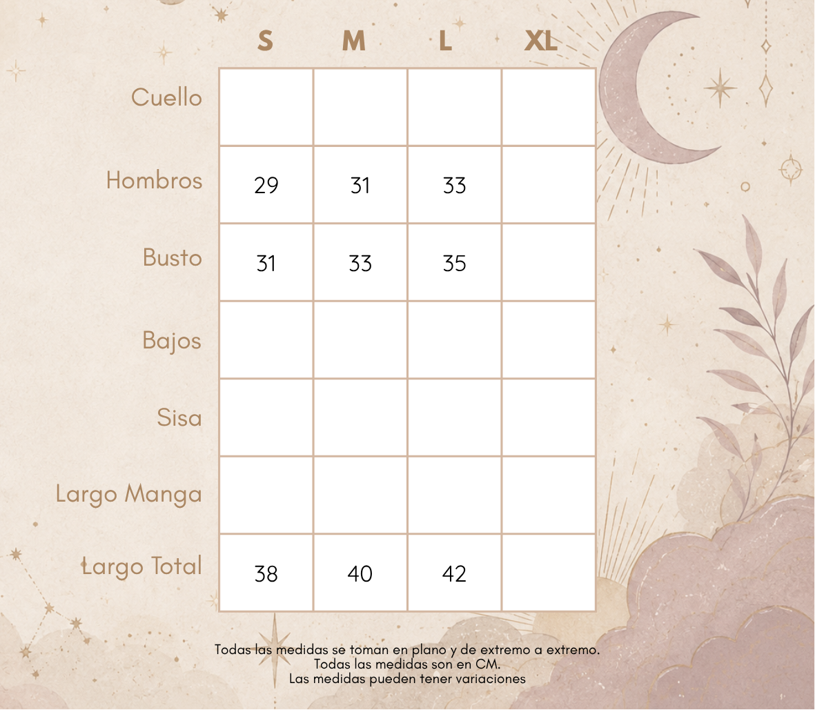 Medidas BLUSA LUNA OBSIDIANA