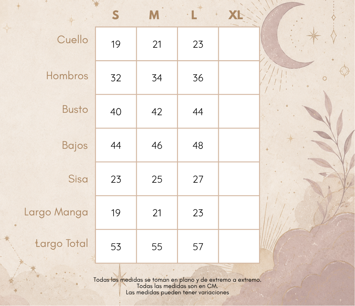 Medidas BLUSA LUNA MARFIL CAFÉ