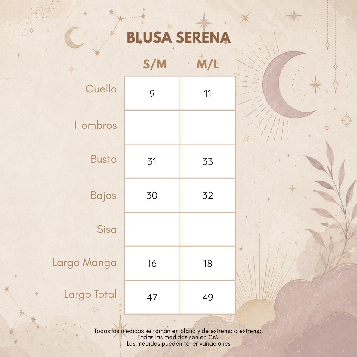 Medidas BLUSA SERENA CHERRY