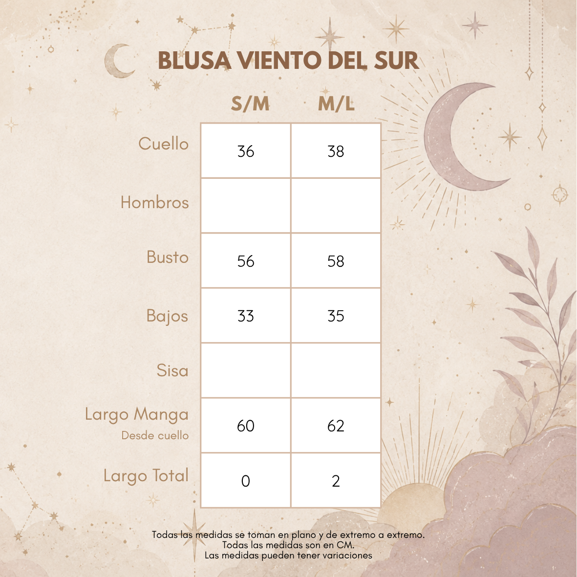 Medidas BLUSA VIENTO DEL SUR