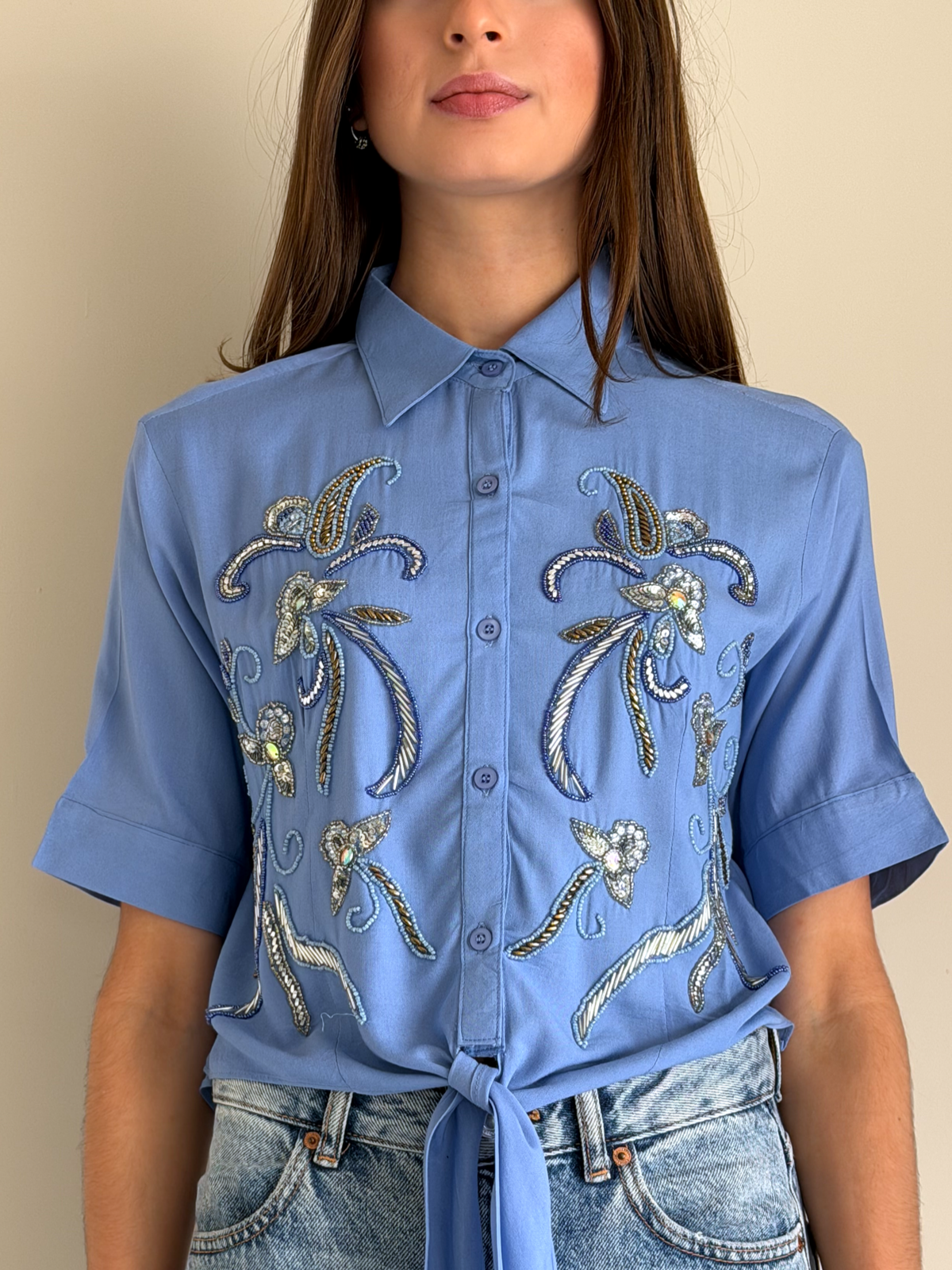 CAMISA STELLA BORDADA AZUL