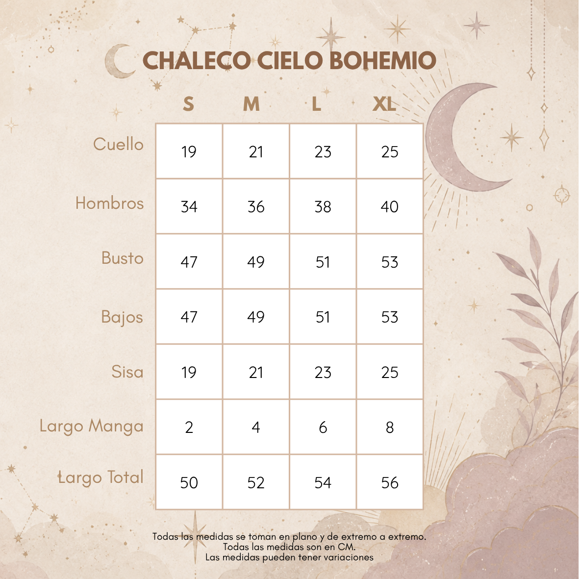 Medidas CHALECO CIELO BOHEMIO