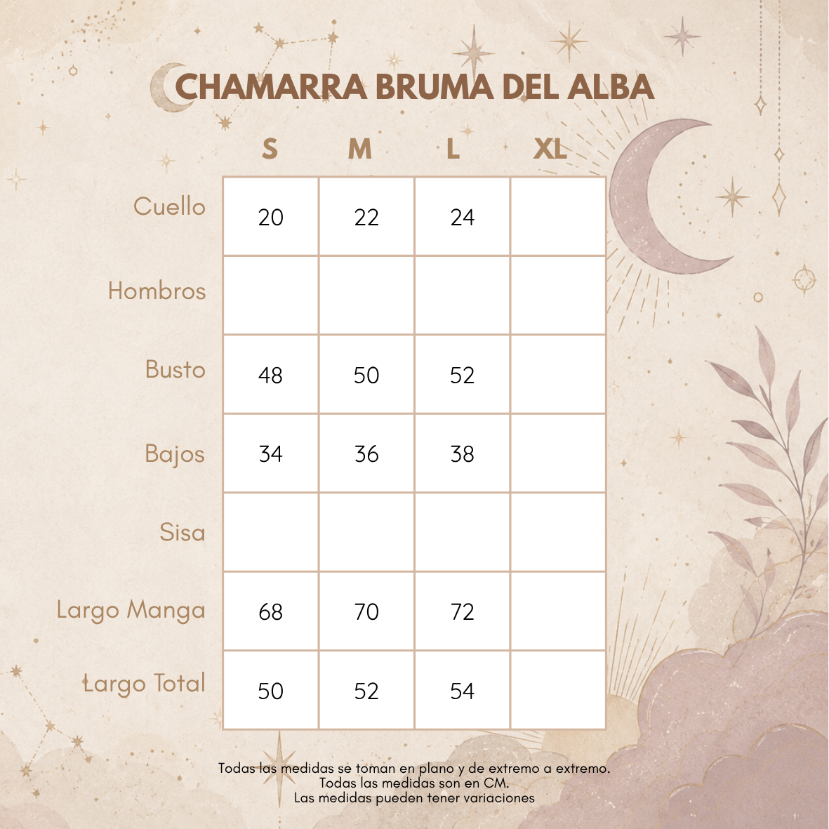 Medidas CHAMARRA BRUMA DEL ALBA