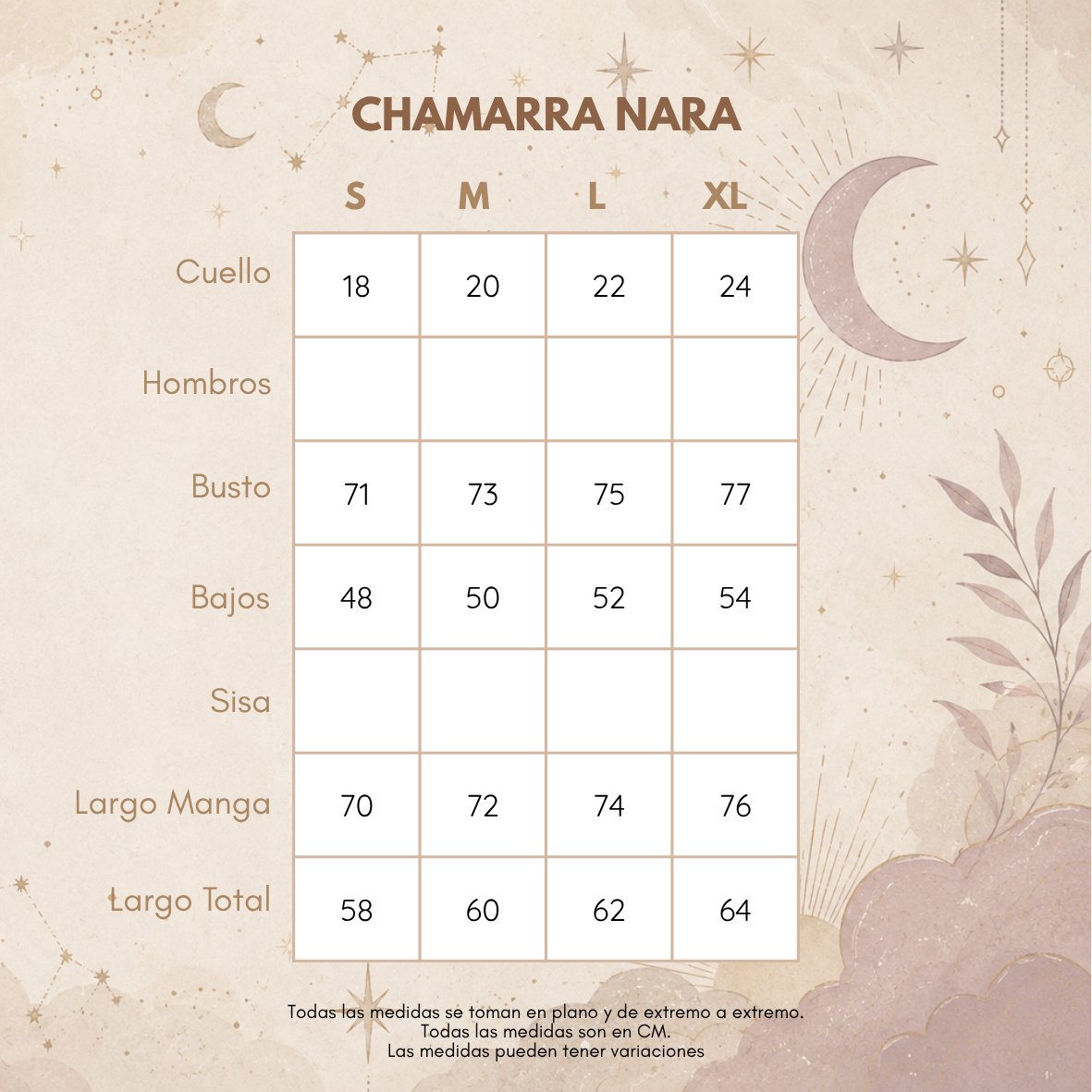 Medidas CHAMARRA NARA
