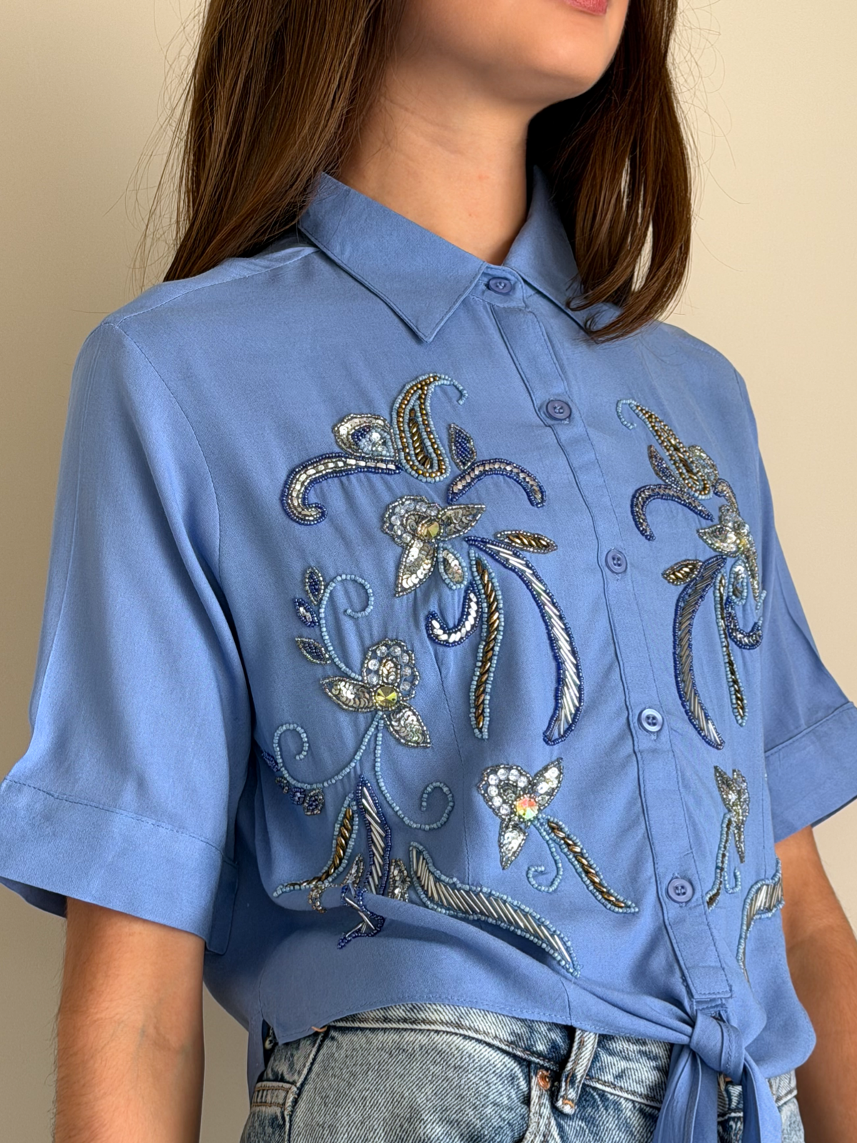 CAMISA STELLA BORDADA AZUL