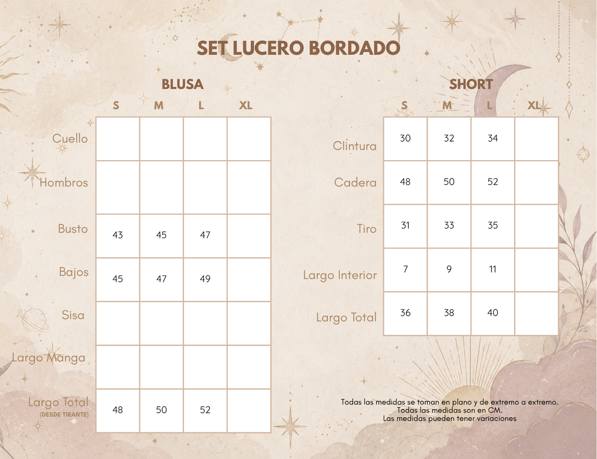 Medidas SET LUCERO BORDADO
