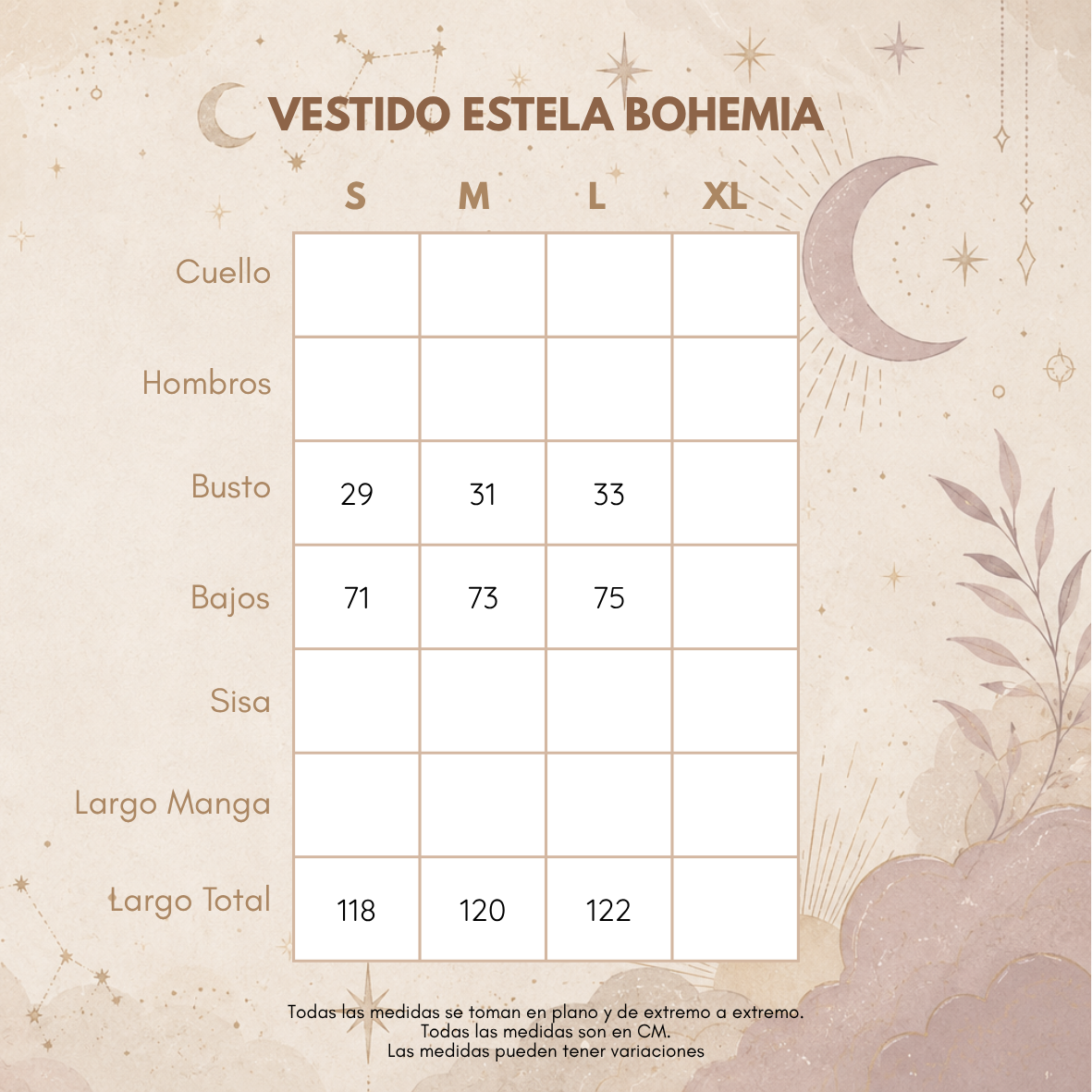 Medidas VESTIDO ESTELA BOHEMIA