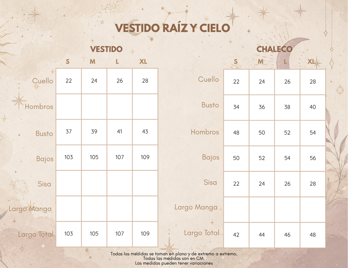 Medidas VESTIDO RAÍZ Y CIELO