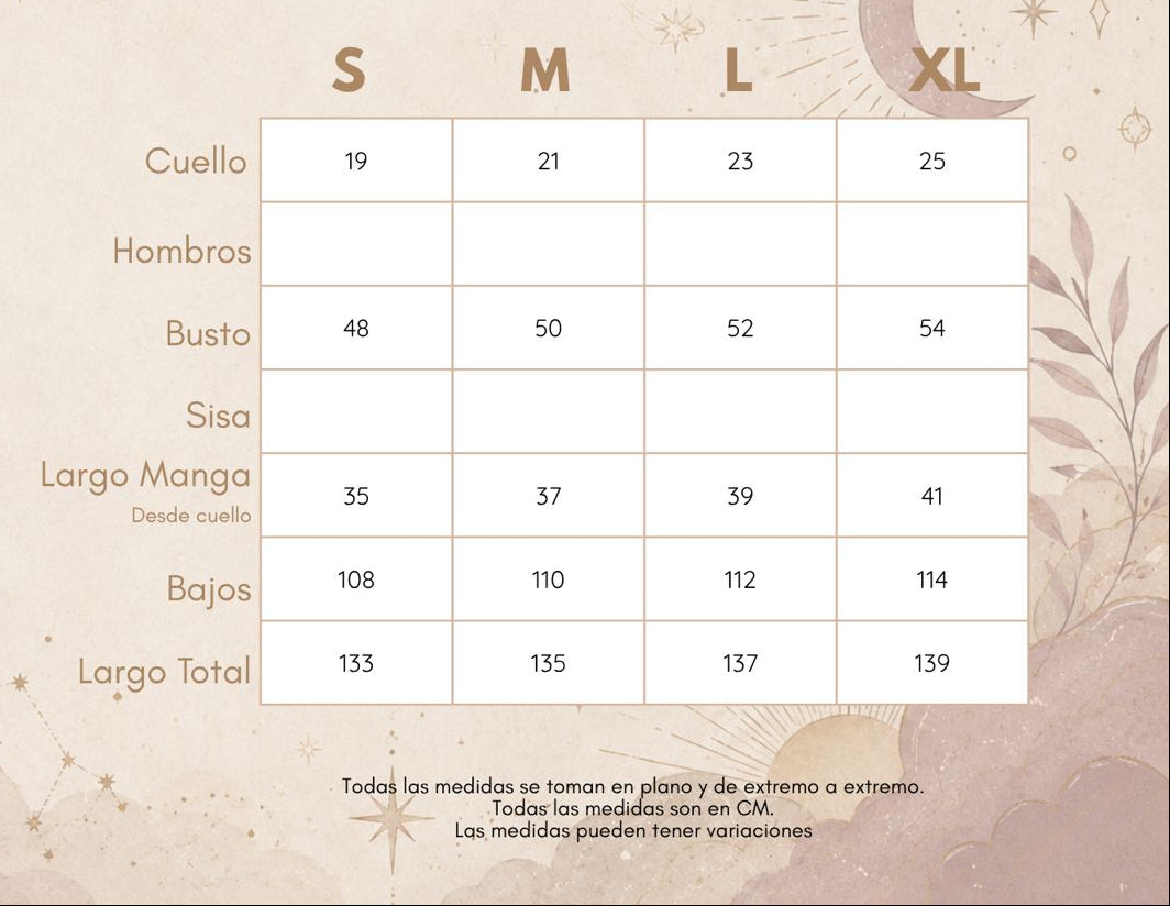 Medidas VESTIDO MAXI RAÍZ DE LUNA